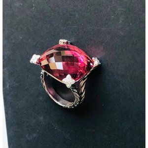 David Yurman 925 Silver Cushion On Point 20mm Tourmaline & Diamond Ring Sz 7.5